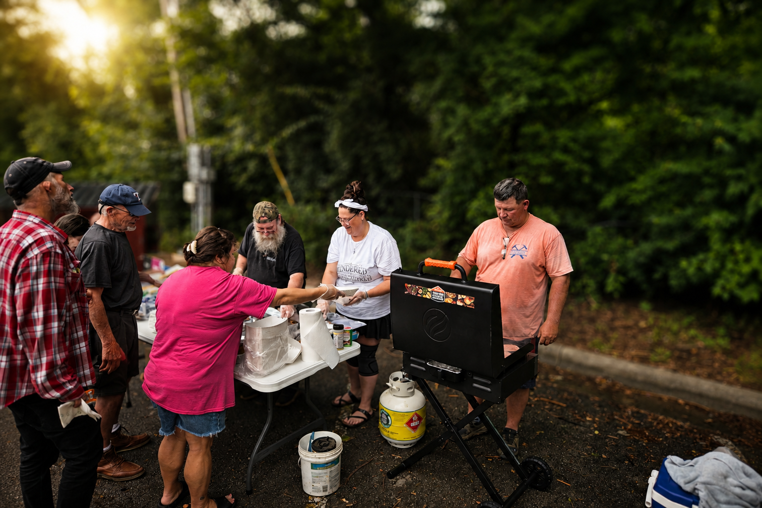 Volunteers serving food and connecting with community members outdoors