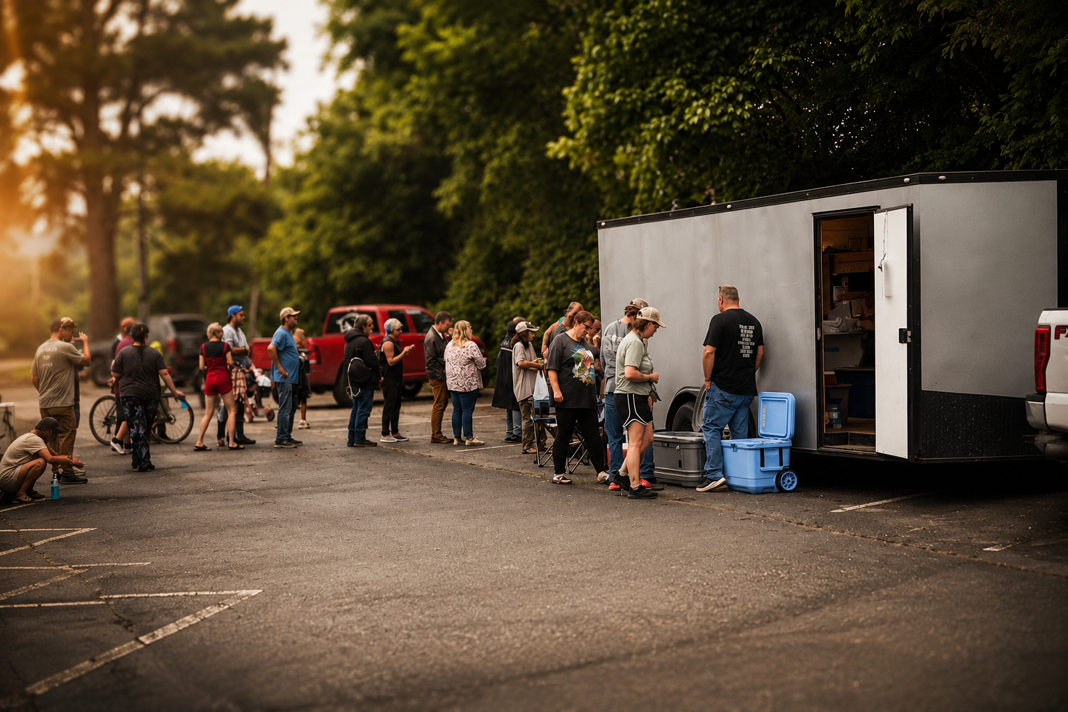Community members lining up near an outreach trailer during an outdoor event